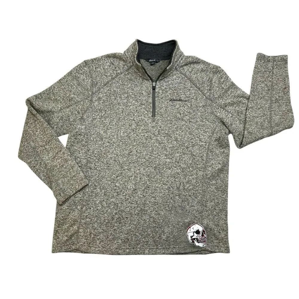 Eddie Bauer Quarter Zip Gray Blend Fleece Pullover Skull Detail Men’s Size XL
